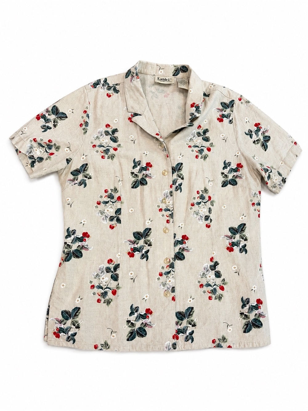 Vintage Tabu International Linen Floral Button Up Shirt Size 12 Strawberry